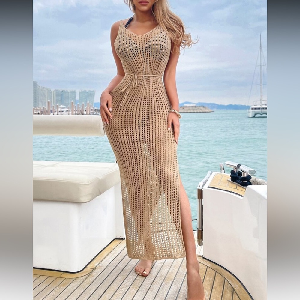 Tan Knit Midi Dress with Side Slit